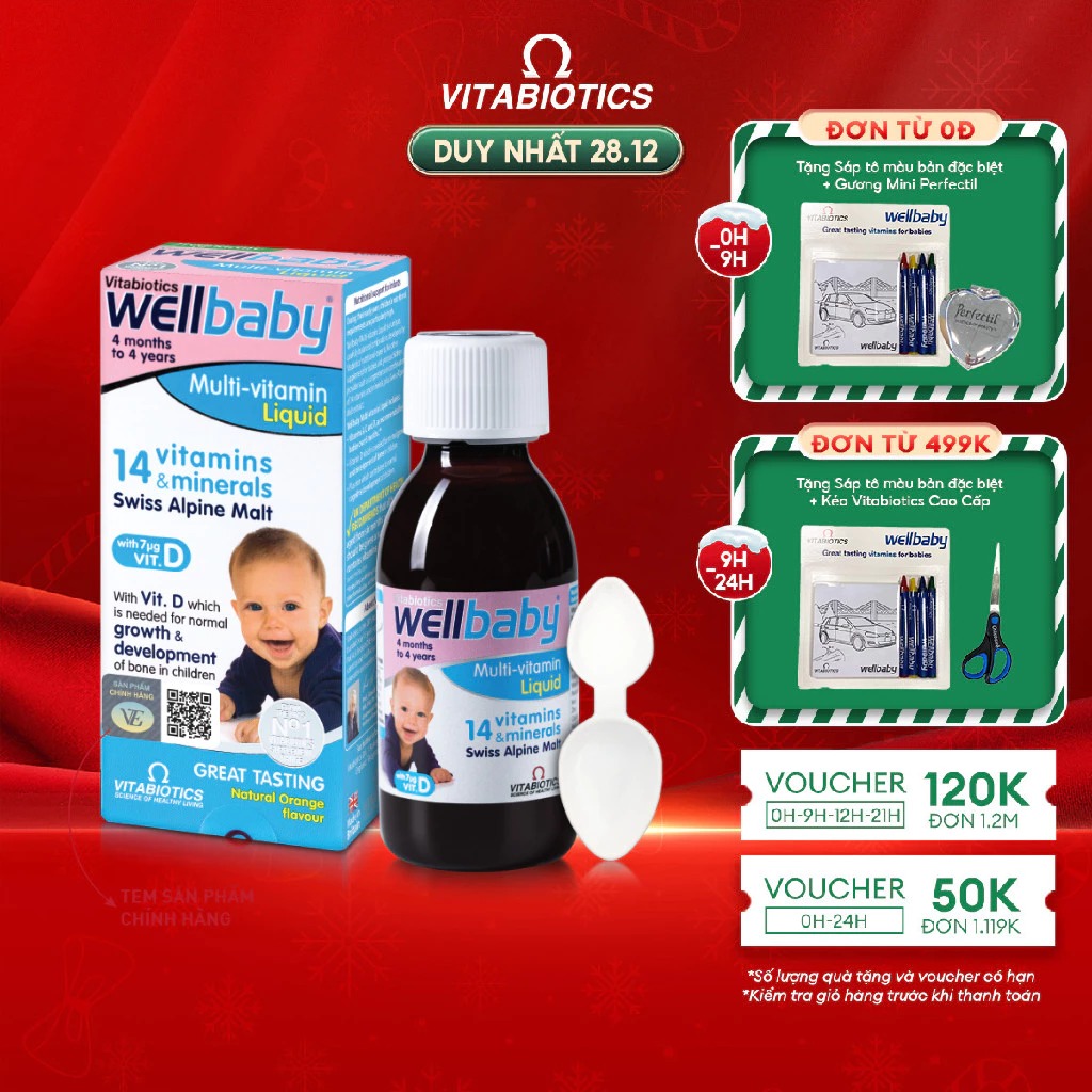 Siro Uống Cho Bé Vitabiotics WELLBABY Multi-Vitamin Liquid Vị Cam Mạch Nha Ngon Miệng, Tăng Cường Sức Đề Kháng 150ml