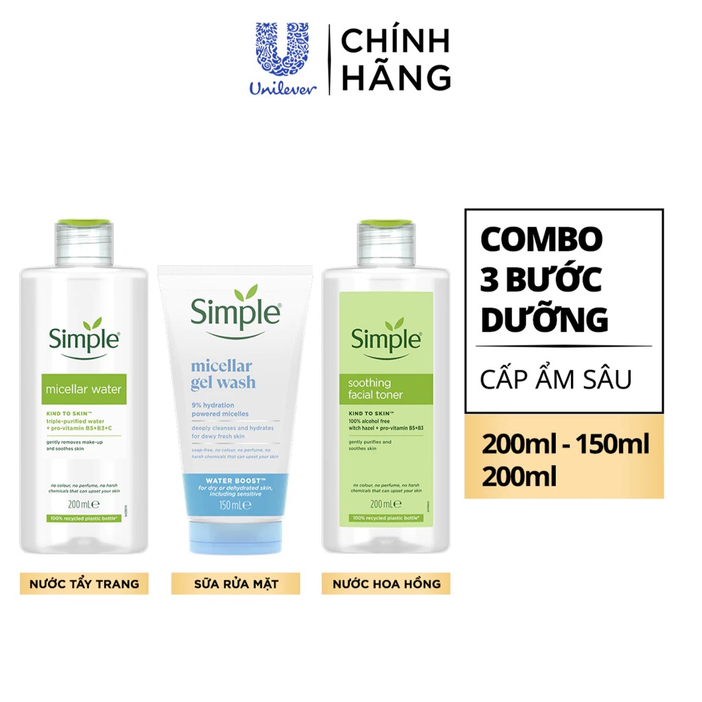 Combo 3 bước dưỡng Simple Nước tẩy trang 200ml + Sữa rửa mặt 150ml + Nước hoa hồng 200ml cho da nhạy cảm