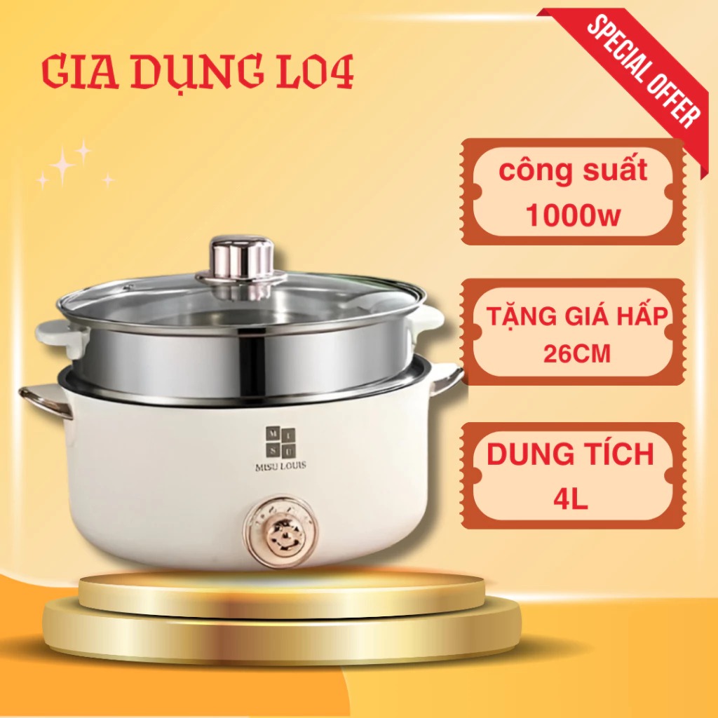 Nồi Lẩu Điện Đa Năng Cao Cấp MISU LOUIS Dung Tích 4L, Chống Dính, Đường Kính 28cm, Có Xửng Hấp Inox