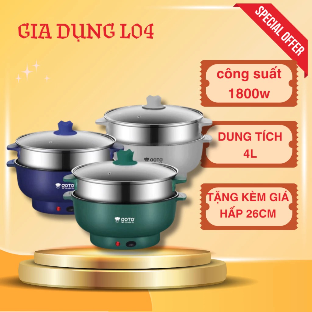 Nồi Lẩu Điện GOTO 28cm, Bếp Điện Thông Minh Công Suất Lớn 1000W Tặng Kèm Giá Hấp Inox