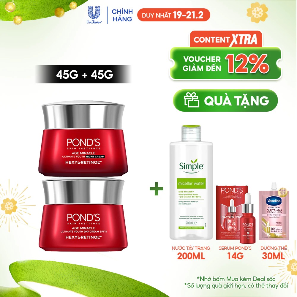 Bộ Kem dưỡng ngày đêm Pond’s Age Miracle mờ đốm nâu và nếp nhăn với 50X Hexyl-Retinol 45G