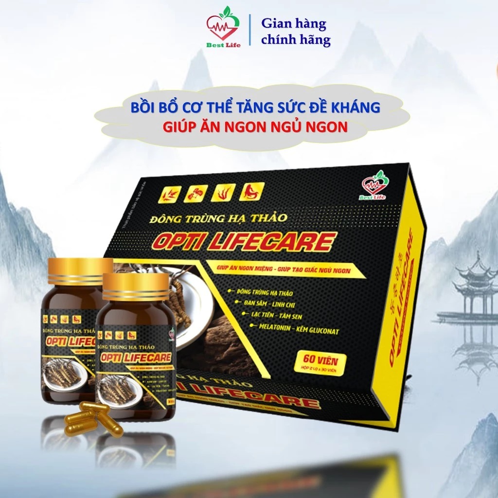 Đông trùng hạ thảo Best Life OPTI LIFECARE giúp ăn ngon ngủ tốt cải thiện mất ngủ mệt mỏi suy nhược cơ thể hộp 60 viên