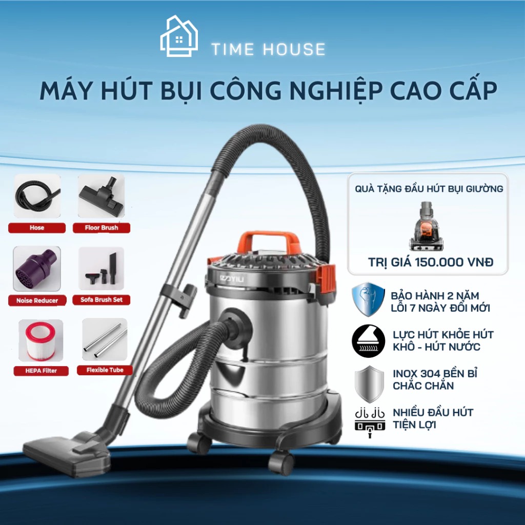 Máy hút bụi gia đình, công nghiệp công suất lớn 1200W, dung tích 15L tích hợp 3 chế độ khô- ướt- thổi