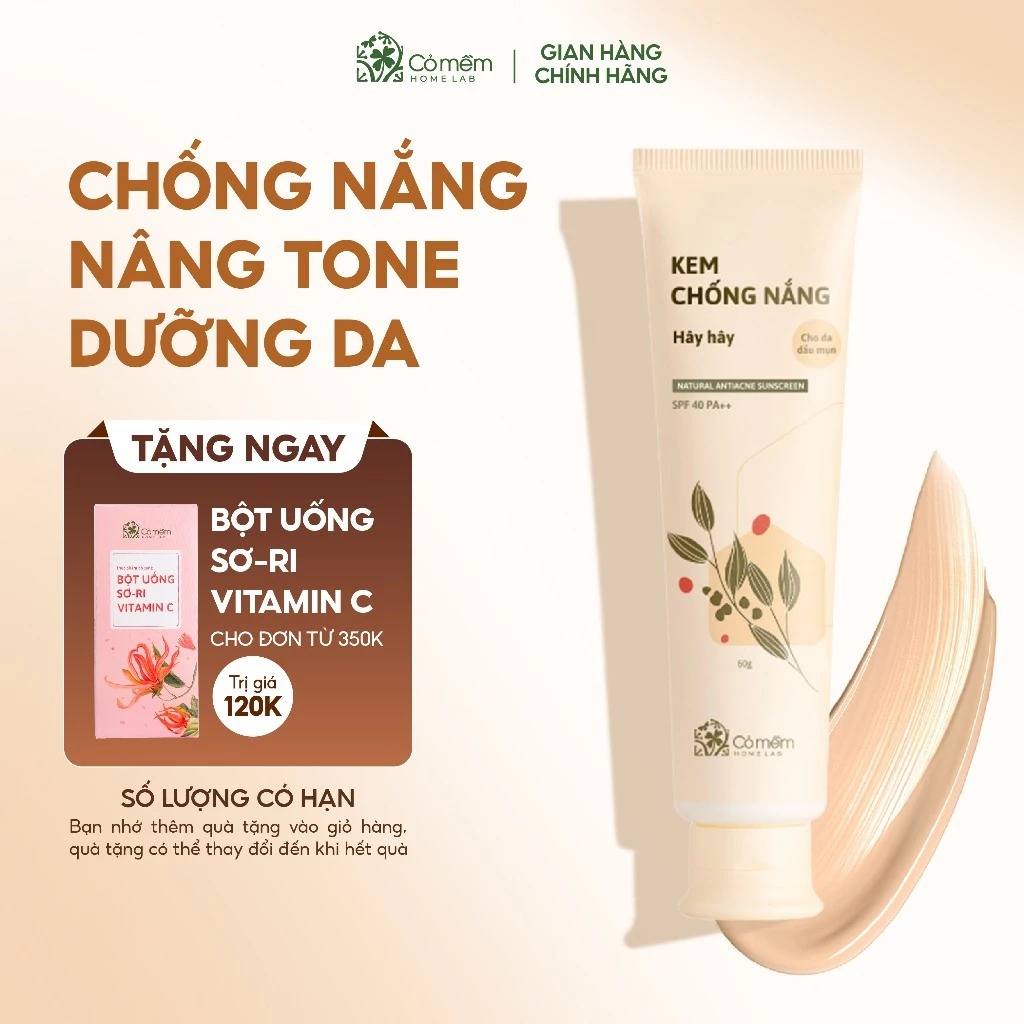 Kem Chống Nắng Hây Hây Nâng Tông Cho Mọi Loại Da Khô Dầu Mụn SPF 40 PA ++ Cỏ Mềm 60g