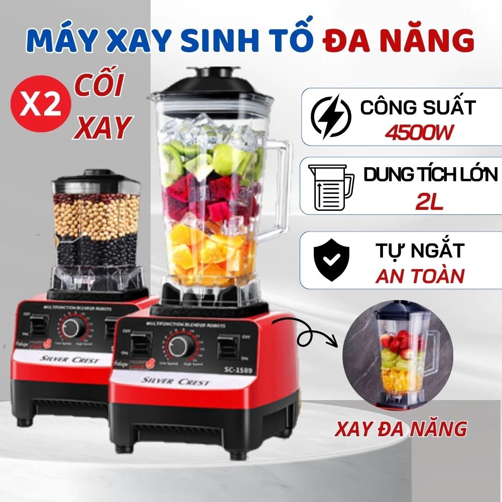 Máy Xay Sinh Tố Đa Năng KAW SILVER CREST SC-1589 Máy Xay Công Nghiệp 2 Cối Xay Công Suất 4500W