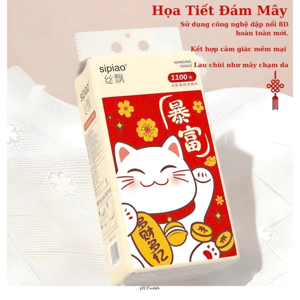Thùng 10 Bịch Giấy Treo Đa Năng SIPIAO Mèo Thần Tài, 4 Lớp mỗi bịch 1100 Tờ Hàng Nội Địa Trung, Tặng Kèm 4 Móc Treo