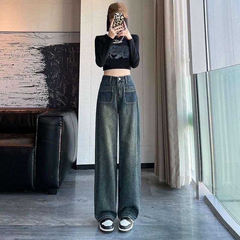 Quần jeans nữ ống rộng may viền chắp thân cực xinh xắn hot trend