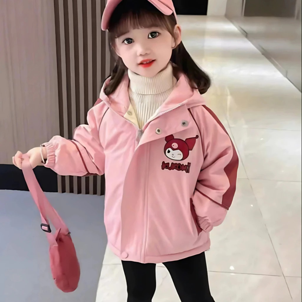 Áo khoác gió lót lông in hình Kuromi vải tráng bạc chống nước, chống gió lót lông dày dặn