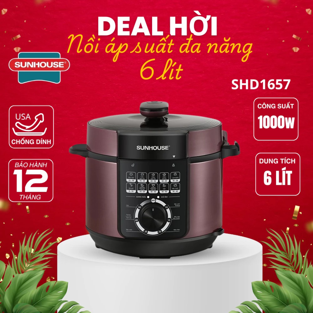 Nồi áp suất điện đa năng Sunhouse SHD1657 | Dung tích 6L | Công suất 1000W | Lòng nồi chống.