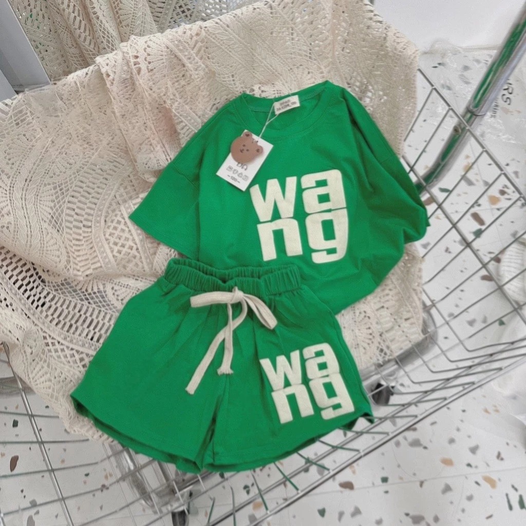 Bộ cộc tay cotton bé gái in hình chữ AN in nổi, set quần áo mùa hè cho bé size đại