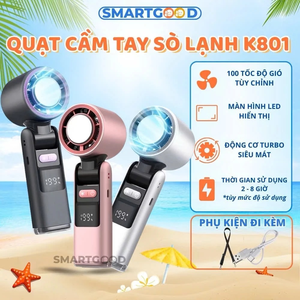 Quạt Tích Điện Mini K801 Cầm Tay Tốc Độ Cao,pin5000mah Quạt Sò Lạnh 100 Cấp Độ Gió Làm Lạnh Cực Nhanh