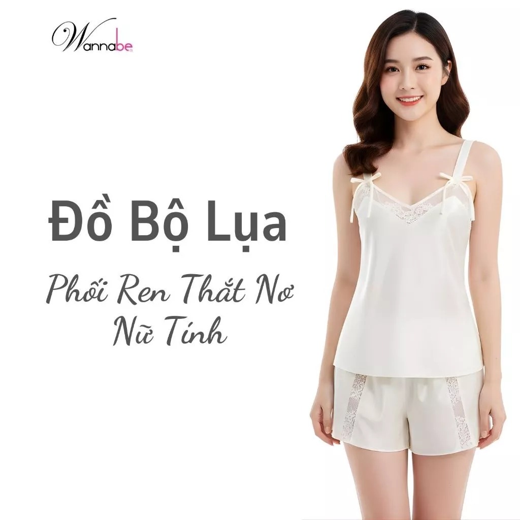Đồ bộ mặc nhà WANNABE bộ đùi lụa quần sọt ren ống quần, áo bản vai 2cm phối ren cổ đính 2 nơ BSS54