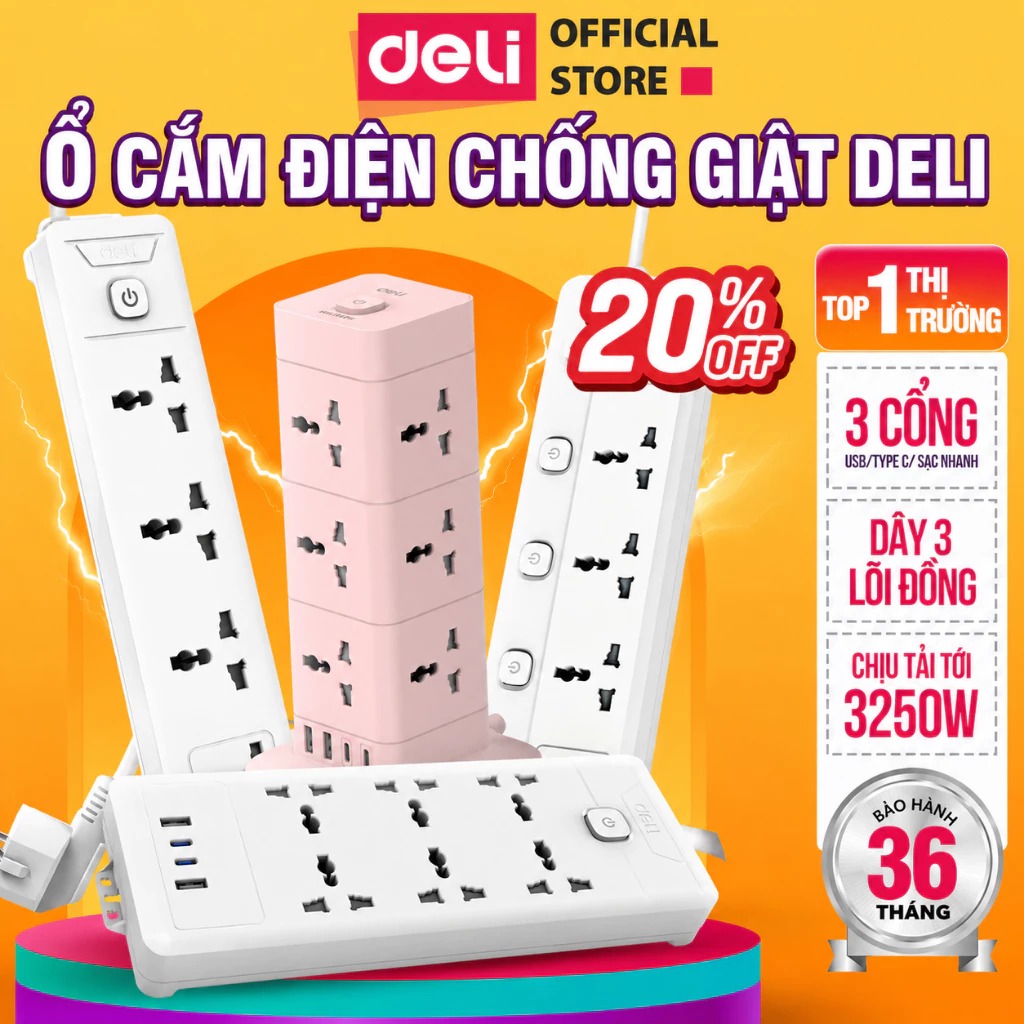 [HỎA TỐC] Ổ Cắm Điện DELI Sạc NhanhPD20W Tích Hợp USB – Ổ Điện Đa Năng 2500W An Toàn Có Cầu Chì