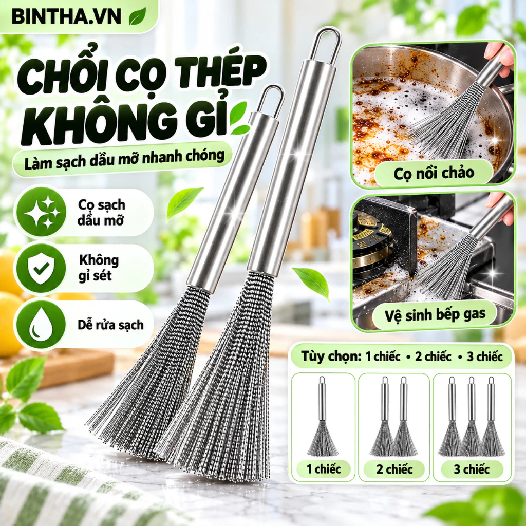 Chổi Cọ Inox Không Gỉ Mềm Dẻo Bền Chắc Đa Năng Cọ Xoong Nồi Chảo Vệ Sinh Bếp Gas Dầu Mỡ